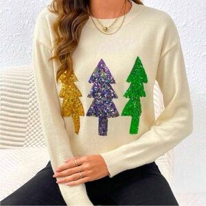 Festive Sequin Tree Sweater Christmas Holiday NEW S Glitter Cream Gold Silver